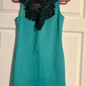 Teal Sheath Dress with Black Lace Appliqué